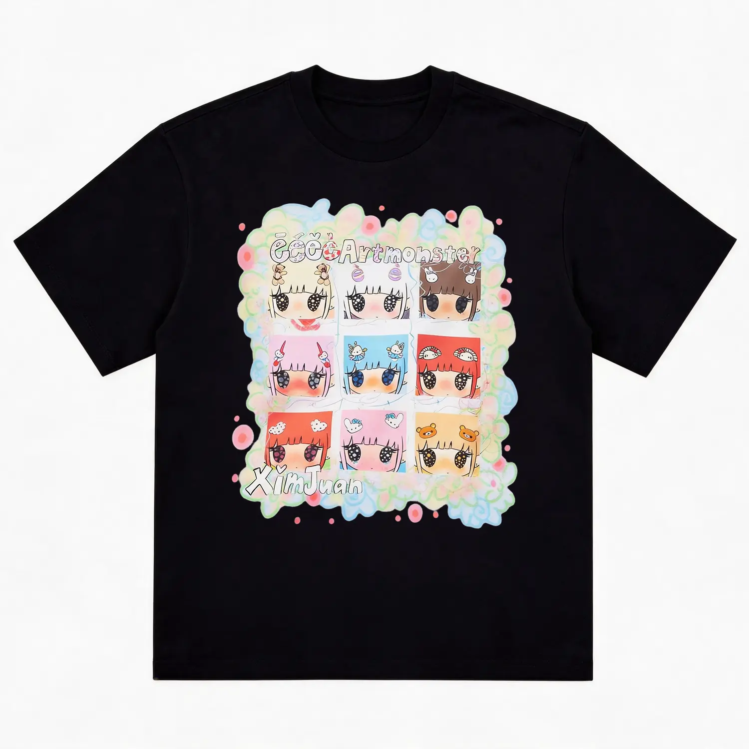 Y2K Kawaii Anime Girl Graphic T‑Shirt, 9‑Grid Cute Cartoon Characters Colorful Floral Border Print, Soft Cotton Breathable Loose Fit Crew Neck White Tee, Harajuku Aesthetic Streetwear Top, Casual Gift For Teen Girls Men Women Teen