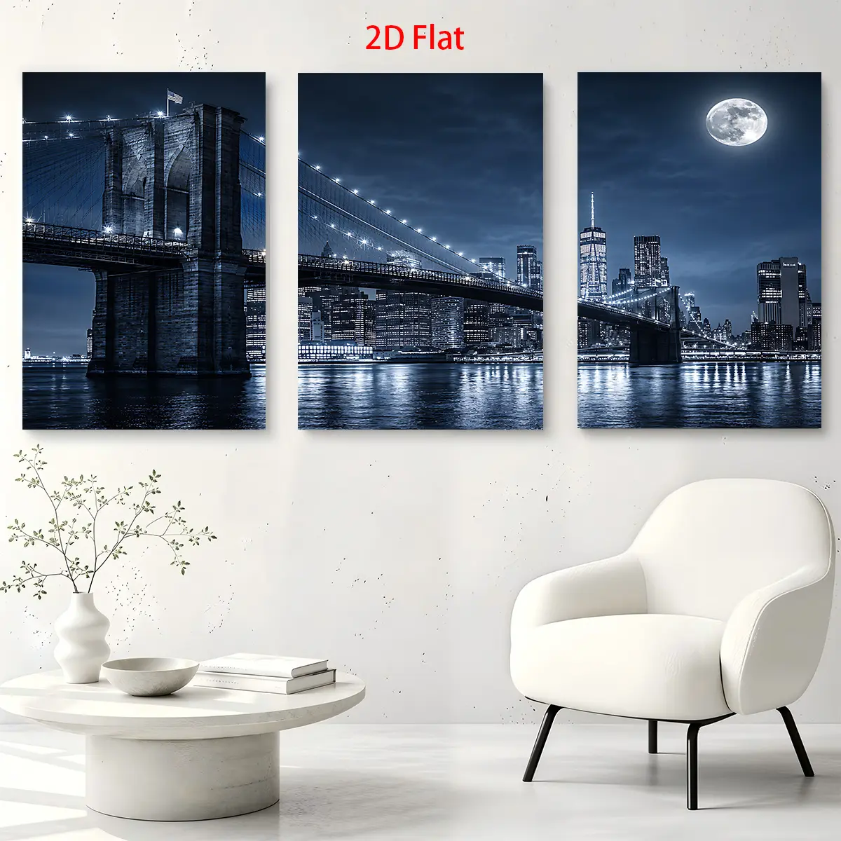 Artistic 3-Piece 2D Flat Canvas Artwork Set - Brooklyn Bridge Night View, New York City Skyline & Moon Theme, Waterproof, Wood Frames, Ready for Hanging, Home Decor Gift for Room Wall Posters