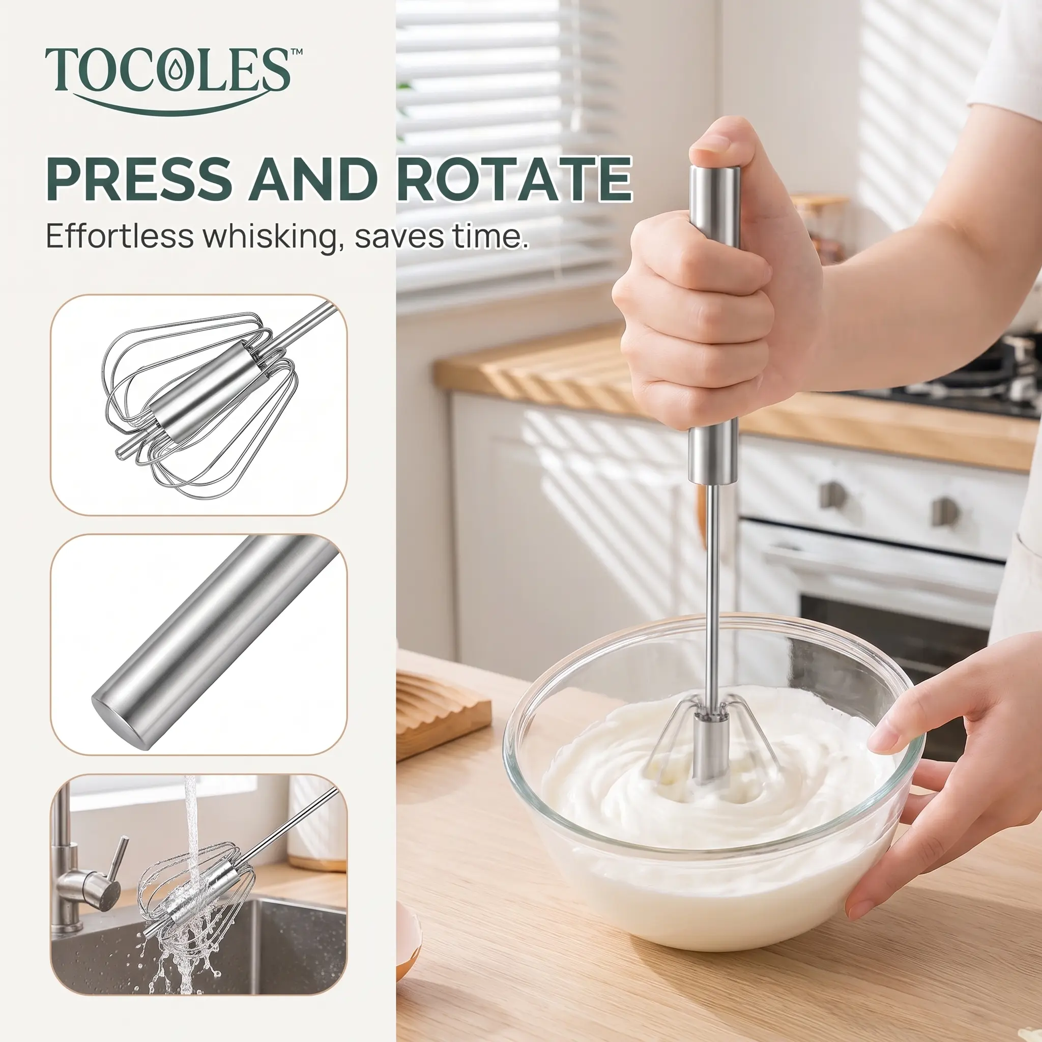 Stainless Steel Hand Push Rotary Whisk, Food Grade Rust Proof Semi Automatic Egg Beater with Riveted Structure, Easy to Clean Mixer for Whisking, Beating, Stirring & Cooking Blending