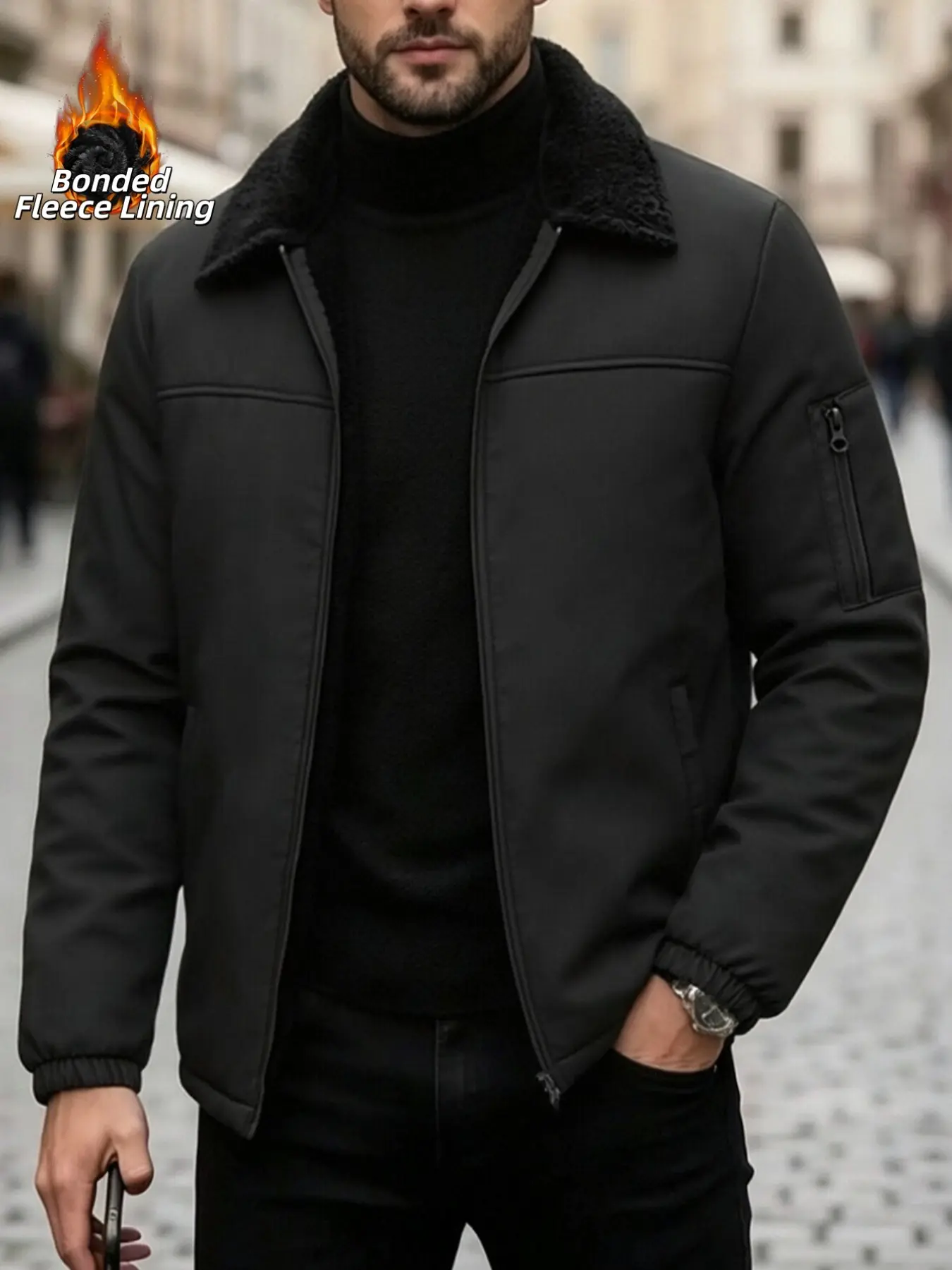 Men's Windproof Jacket, Slim-Fit Long Sleeve Casual Coat, Full Zipper Pocket Design, Winter Warm Outerwear for Daily Commute & Outdoor Activities