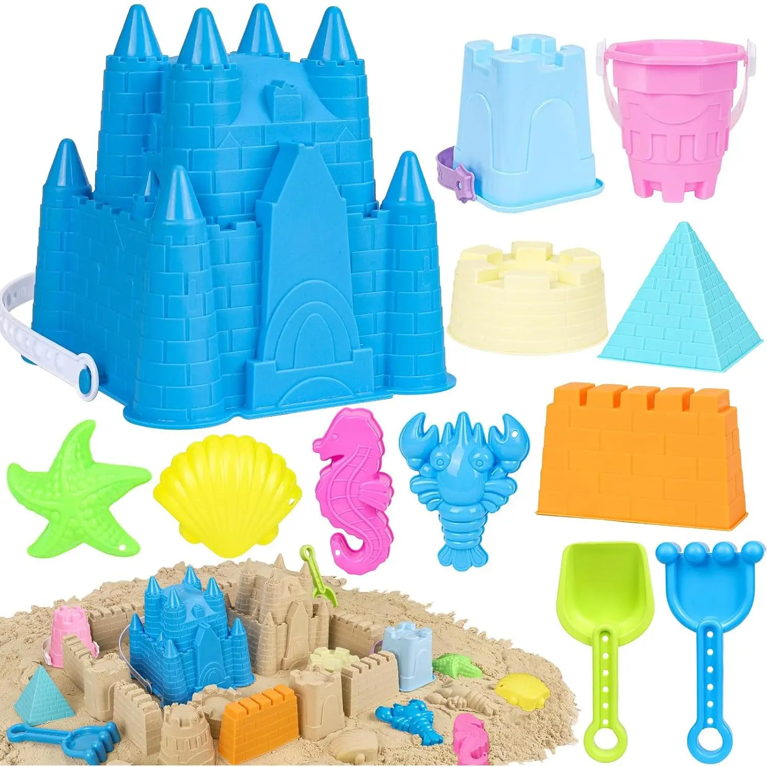 Beach Sand Toys, Sand Castle Toys with Castle Bucket, Creative Molds, Shovel and Rake, Sandbox Play Set for Kids Ages 3-12, Outdoor Summer Beach Essentials for Building & PlayingGift.