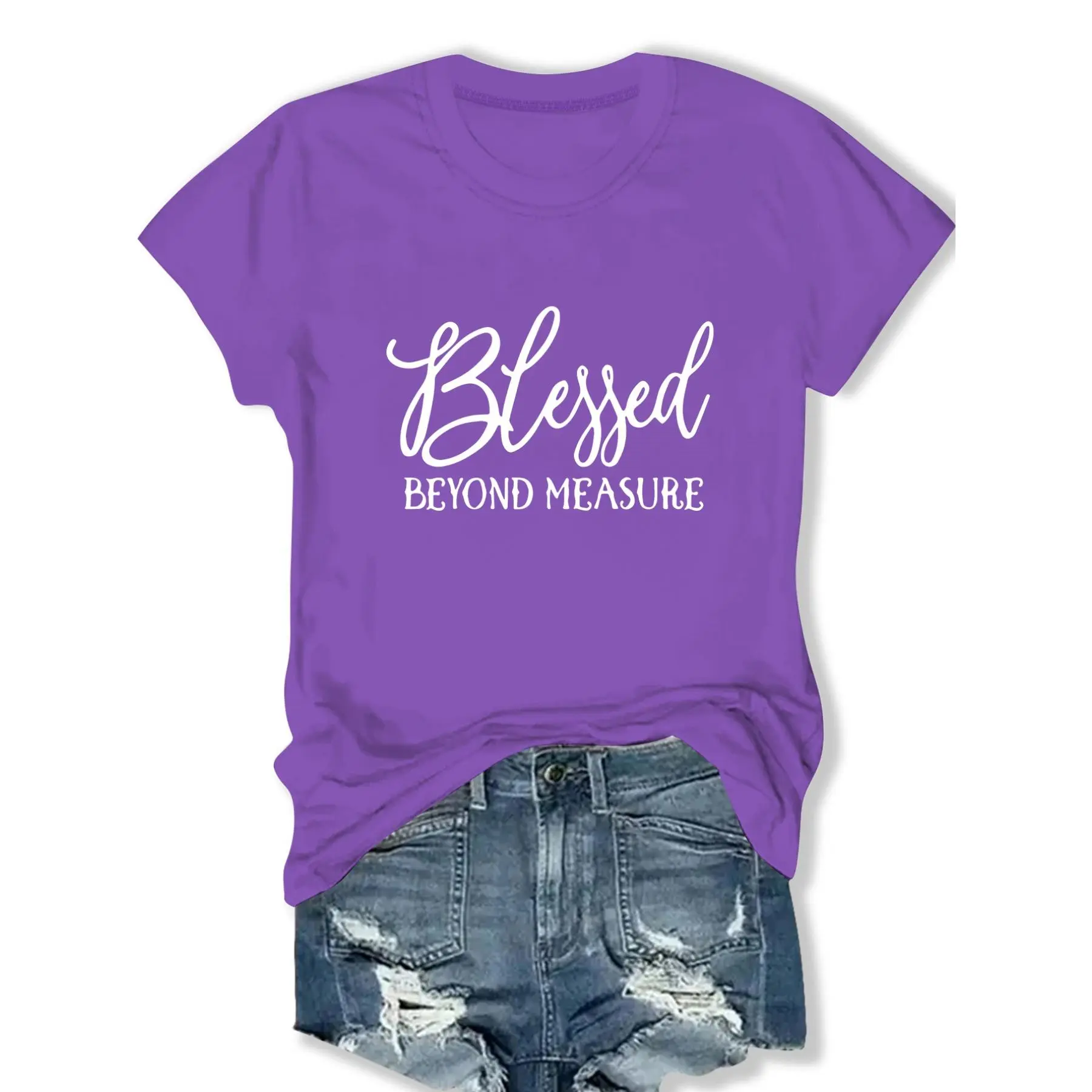 Women's Casual Graphic T-Shirt - Blessed Beyond Measure Crew Neck Shortsleeve Polyester Fabric Top, Stretchy Washable Women's T-Shirts