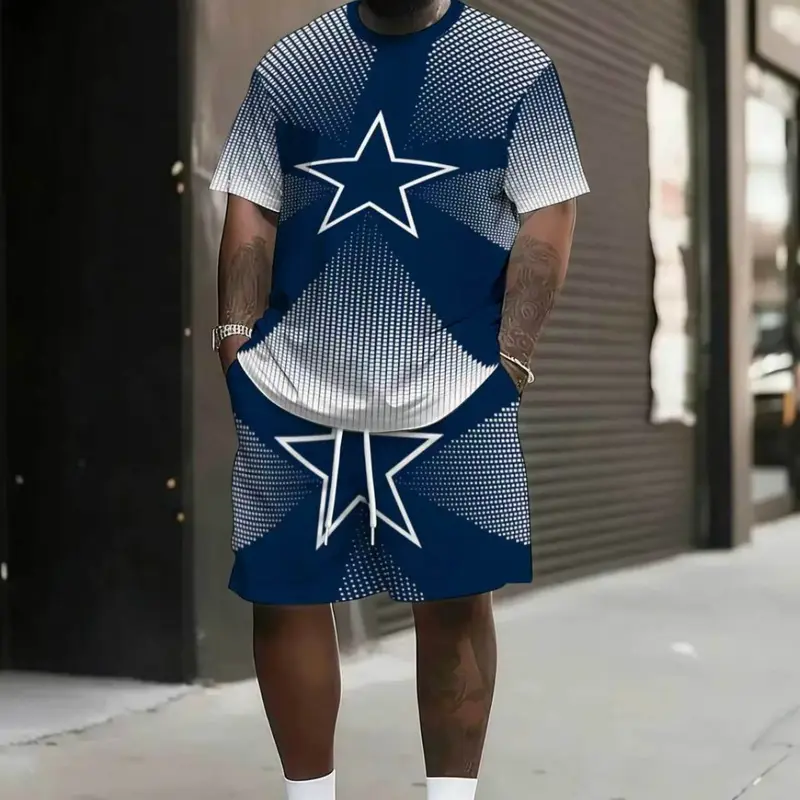 Men's Plus Size Gradient Star Print Two-Piece Set, Round Neck Short Sleeve Top, Loose Fit Shorts, Summer Streetwear, Casual Clothing, Menswear