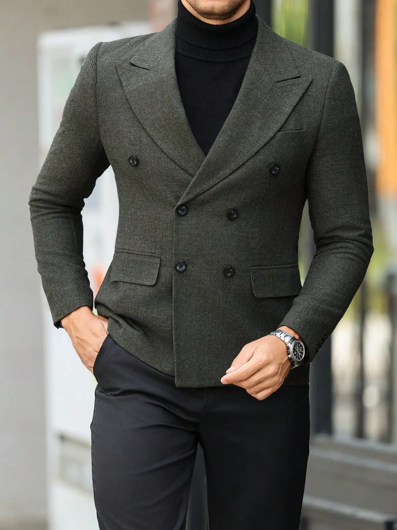 Men's Dark Slim Fit Suit Jacket, Lightweight Business Blazer, Notch Lapel Double Button Coat, Casual Formal Wear for Office Parties