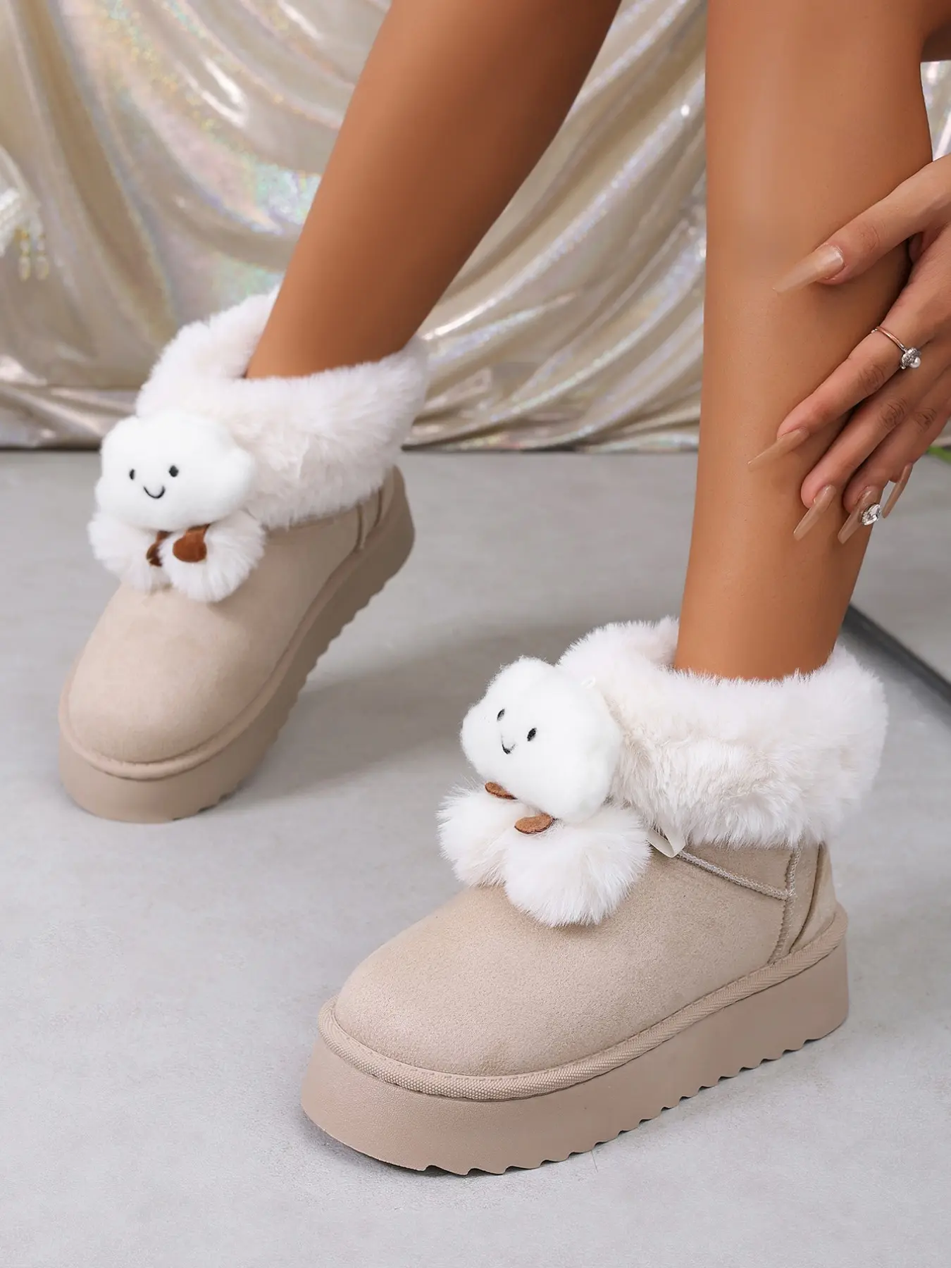 Women's Cute 3D Cartoon Cloud Doll Decor Fuzzy Fur Cuff Platform Slip On Ankle Snow Boots, Thick Plush Lined Non-Slip Warm Fashion Winter Booties for Cold Weather Daily Walking & Sweet Casual Outfits