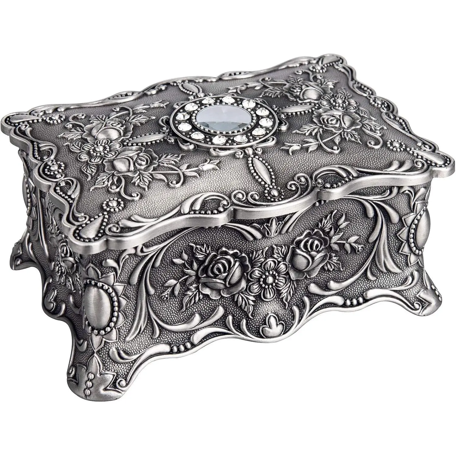 Trinket  Box Ring Earring Necklace Treasure Chest Case Classic Organizer  Box Ornate Antique Decorative Box for Girl Women Birthday Wedding (pewter)