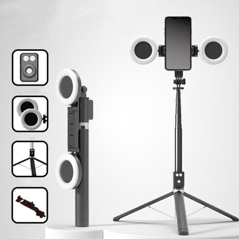 67Inch Aluminum Alloy Phone Selfie Stick with 2 Fill Light, Multifunctional Remote Control Selfie Stick, Live Streaming Tripod for Mobile Phone, Tripod Stand for Vlogging, Gimbal, Photography, Camera Cellphone Smartphone Black tripod ring light moving