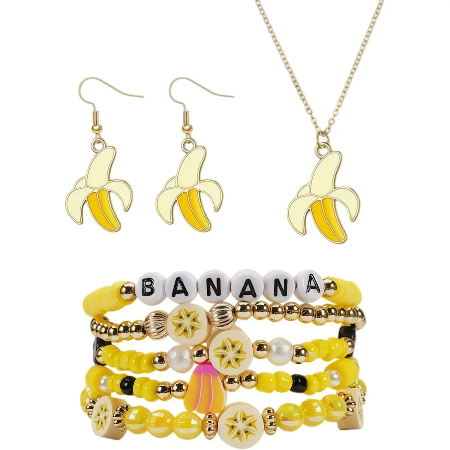 Banana Earrings Necklace Bracelet Set | Dainty Banana  Pendant Cute Lifelike Summer Fruit Accessories for Women BFF  for Her