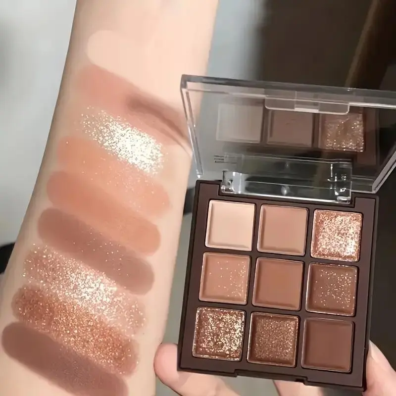 9-color chocolate brown eyeshadow palette, highly pigmented, no fallout, fine texture, smooth application, matte and shimmer eyeshadows, subtle shimmer, easy to blend, perfect for everyday or party makeup, ladies' eye looks, enhancing eye charm