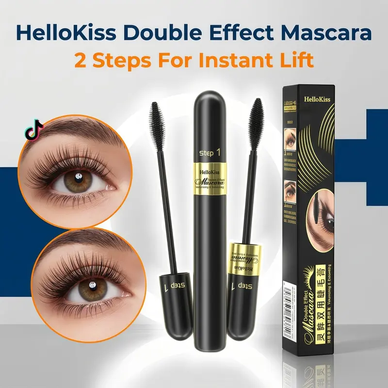 Hellokiss 2 in 1 4D Silk Fiber Mascara Lengthening Curling Volumizing Tubing Formula Smudge Proof Waterproof Clump Free False Lash Effect for Sensitive Eyes