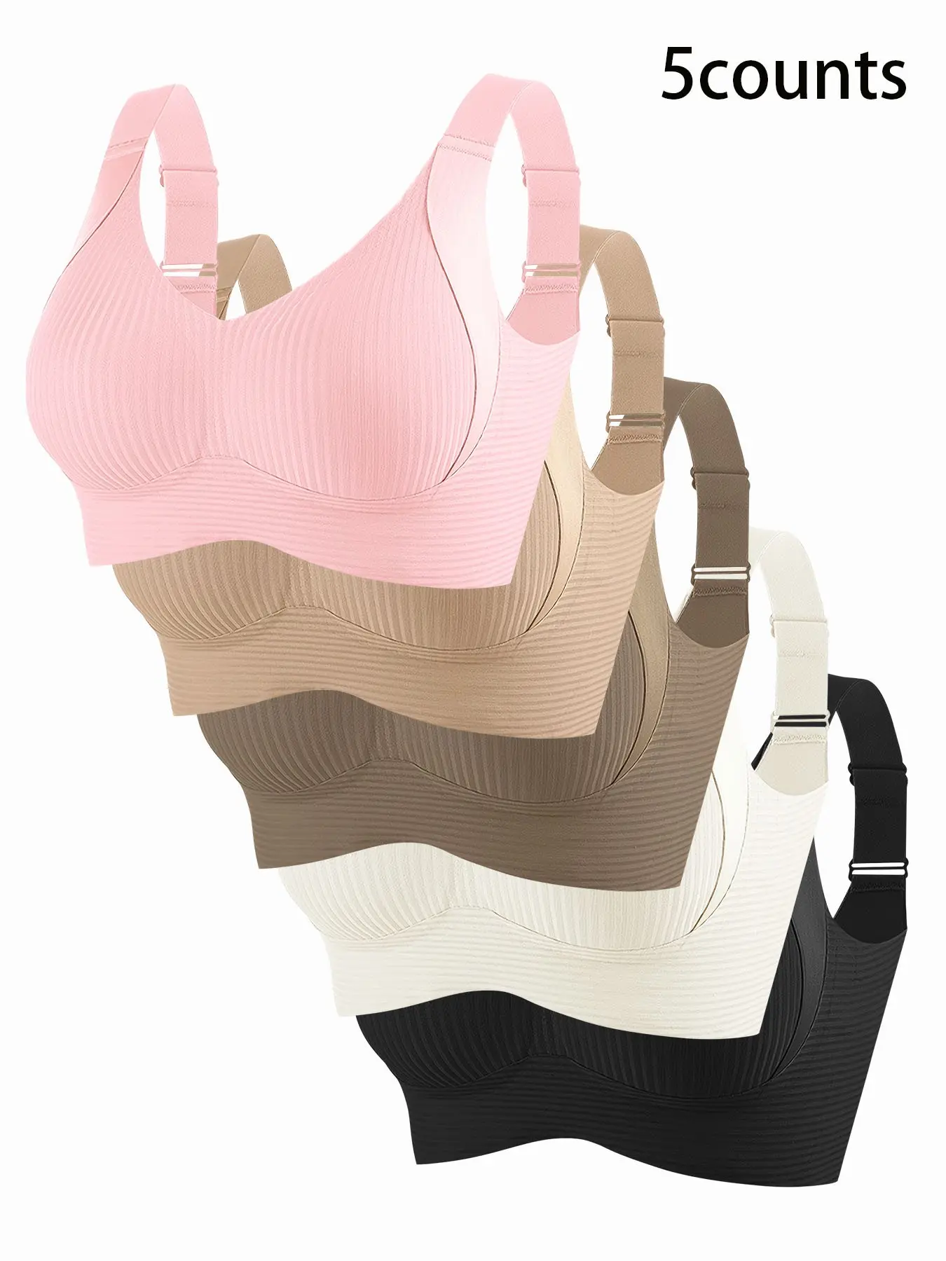 Women's Seamless Bra Set of 5, Adjustable Straps, Wireless Breathable, High Elasticity, Medium Support, Suitable for Daily Wear