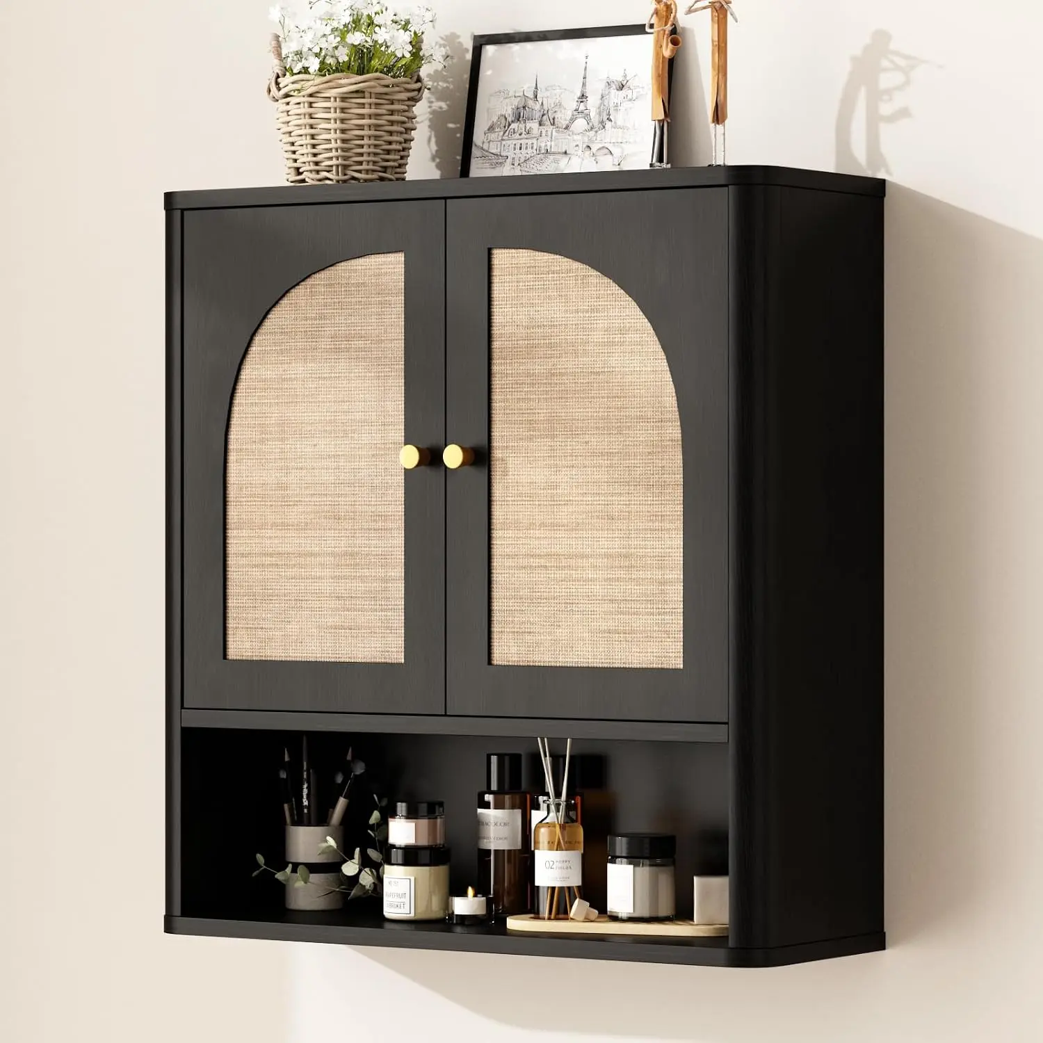 Rattan Bathroom Wall Cabinet with 2 Arched Doors & Adjustable Shelf | Over the Toilet Storage Cabinets, Modern  Cabinet with Rounded Edges, Mid-Century Bathroom Organization
