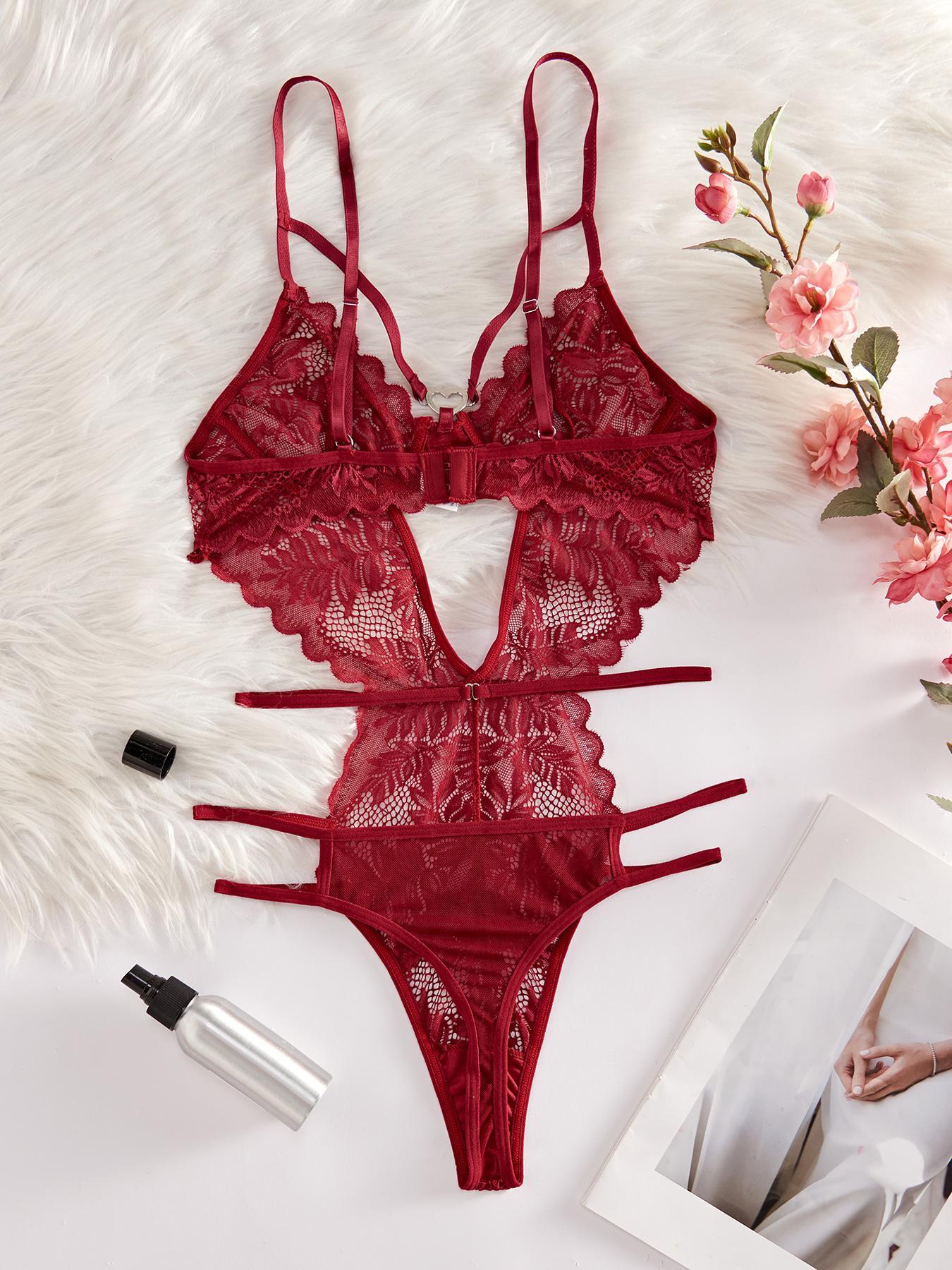 Women's Solid Cut Out Sheer Lace Lingerie Bodysuit, Soft Supportive Lingerie, Fashion Comfy Sexy Breathable Push Up Bodysuit for Daily Wear, Women Sexy Lingeries for All Seasons, Lingerie Lace Nightwear, Underwear