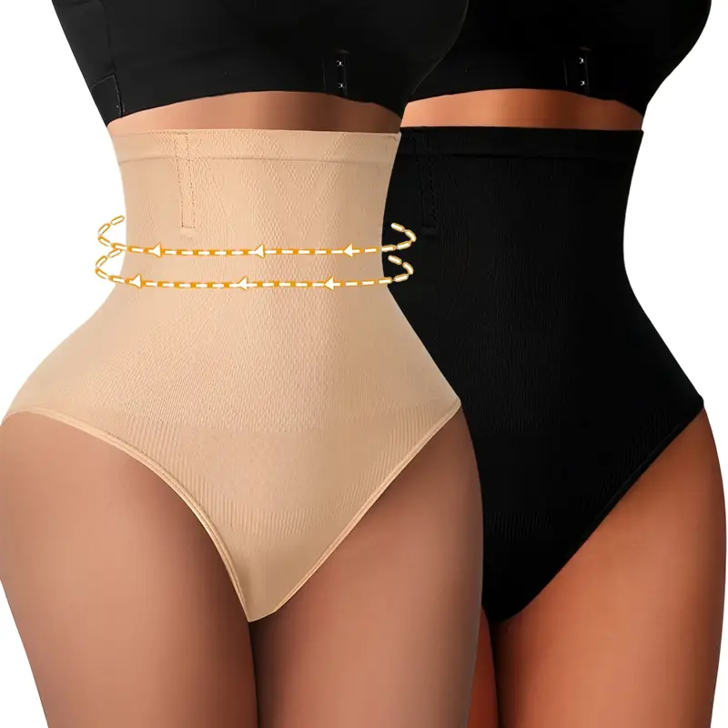 Women's Solid Tummy Control Thong, High Waist Seamless Compression Body Shaper Underwear, 2-Pack in Black and Nude, 2Pcs Black+Nude, Hand Wash