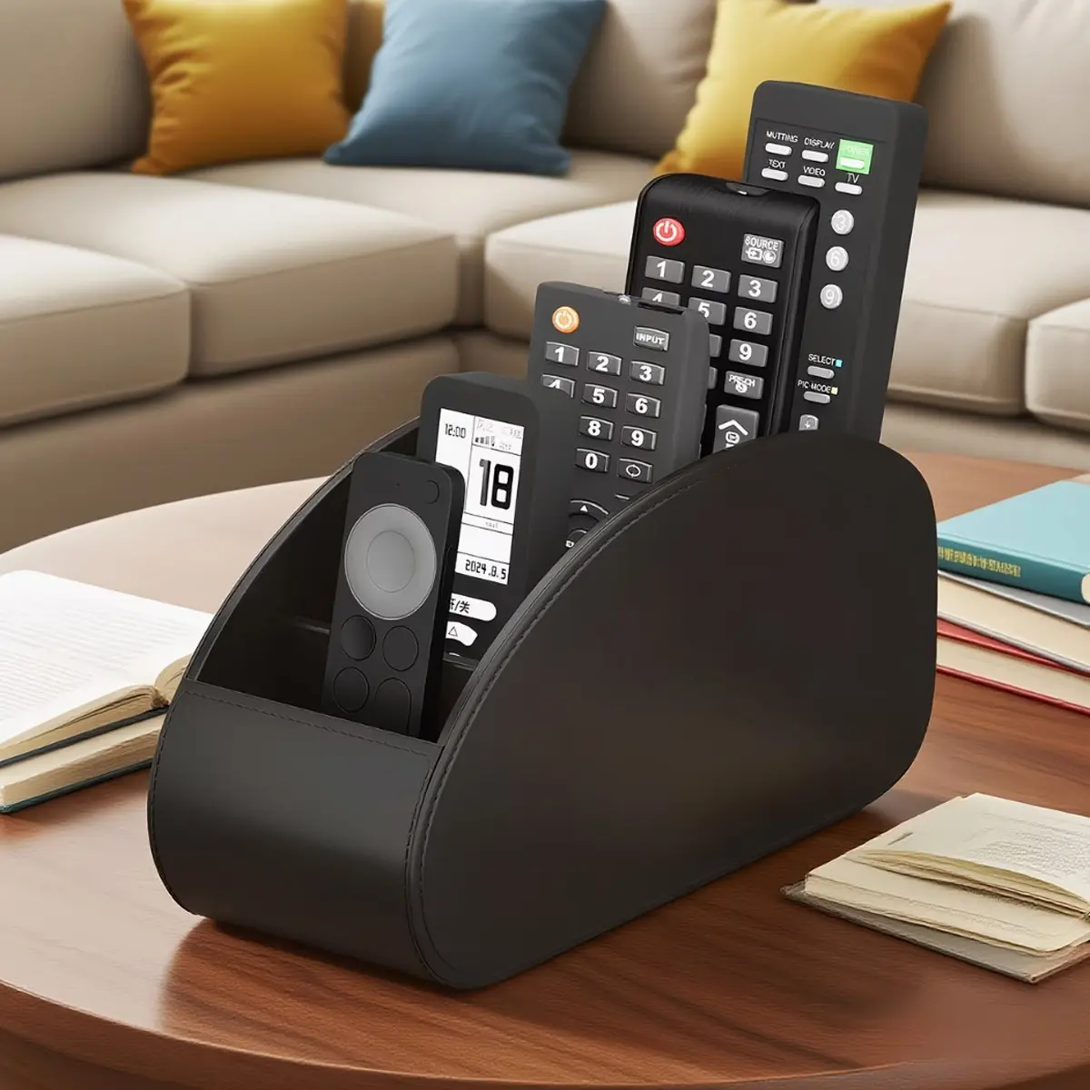 1pc PU Remote Control Holder with 5-Compartment Storage Box - Remote Caddy Tray Organizer for TV, Media Players, Pens, Glasses & Small - Space-Saving Desktop & Bedside Table Organizer Suitable for Living Room, Home Office, Bedroom - Compatible with Variou