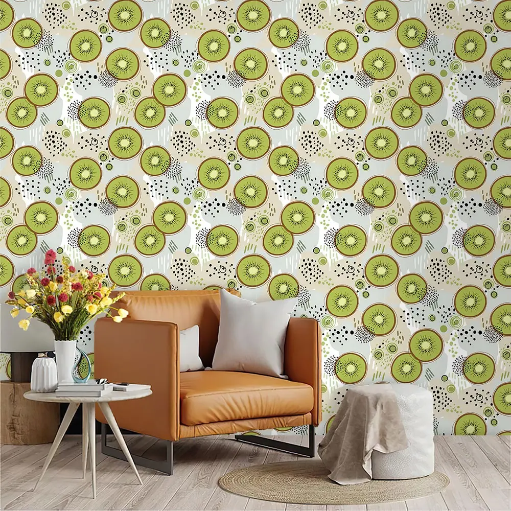 Hand-Drawn Kiwi Theme Wallpaper, Light, Foggy, Milk Base, PVC Material, Peel-And-Stick, Living Room Decor, Kitchen, Bedroom