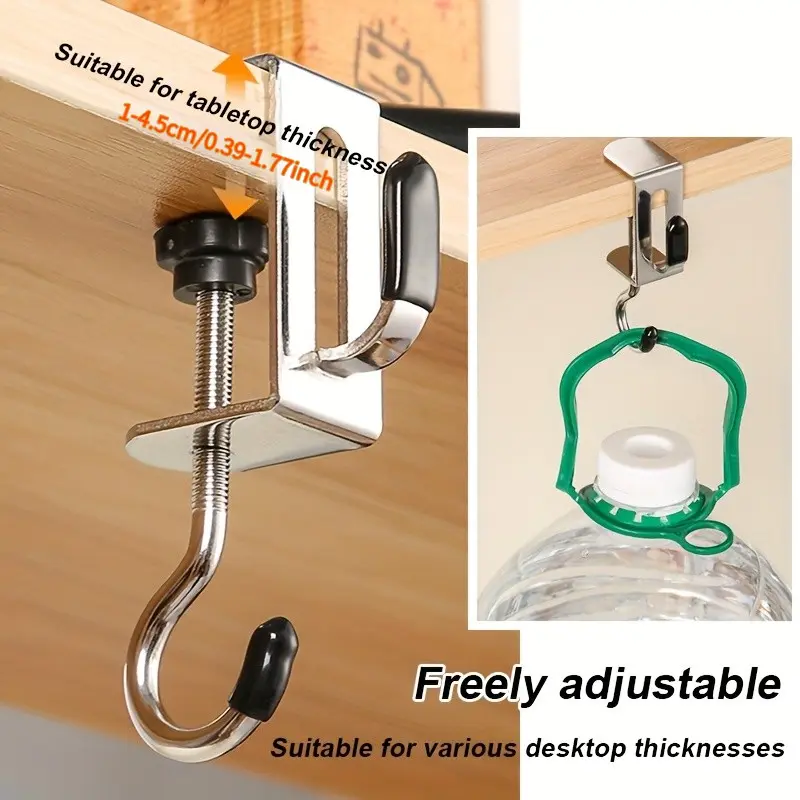 No-Drill Quick Install Hook, Adjustable Metal Hook for Office, Backpack, Water Bottle, Umbrella, Clothes, Hat, Strong Dual Hooks