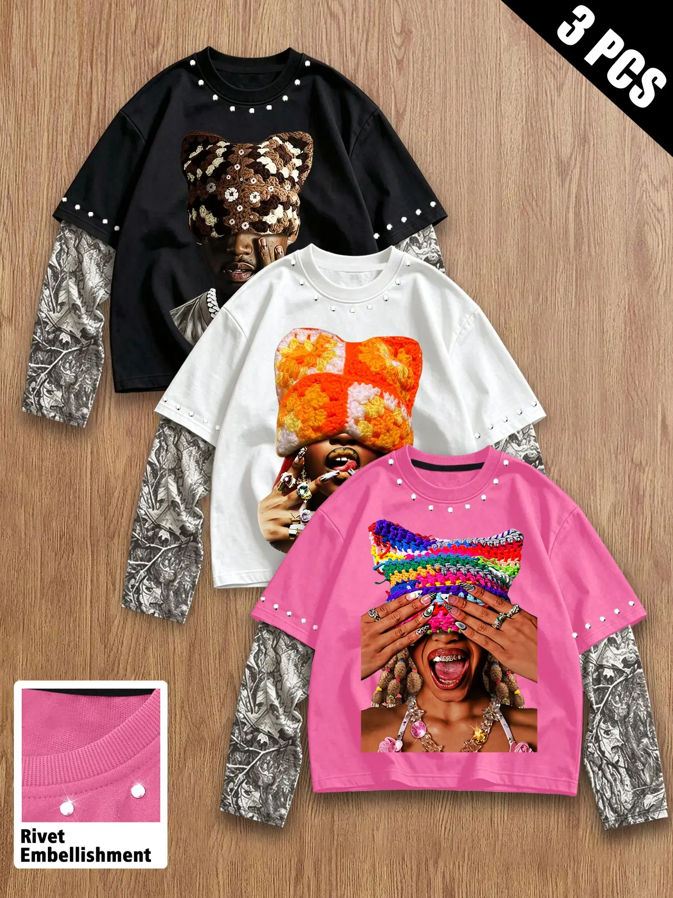 American Vintage Portrait Print Rivet Decor Fake Two-Piece Long Sleeve 3-Pack, Trendy Layering Style, Unisex Camouflage Sleeves