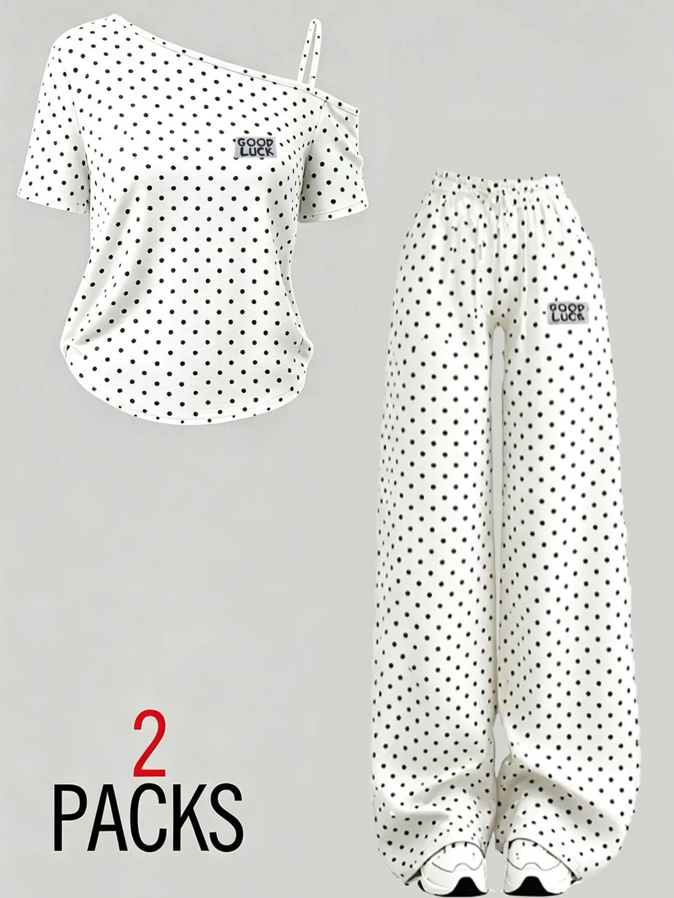 Women Two Piece Co Ord Set, Polka Dot Top & Wide Leg Pants, Asymmetric One Shoulder, Y2K Retro Chic Style, Good Luck Print, Daily Wear