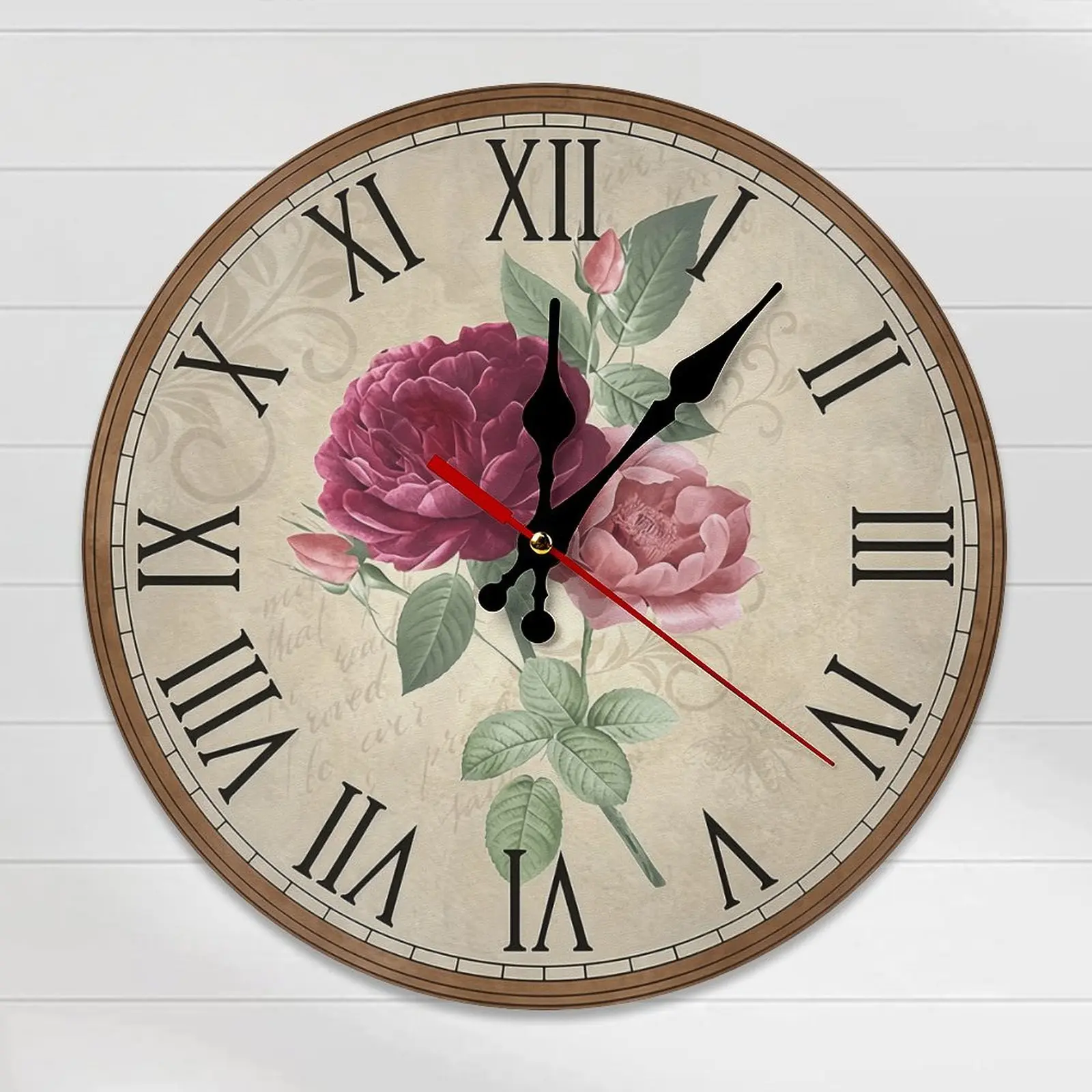 Vintage Roman Numeral Analog Wall Clock - 10in/12in Blush Pink Rose, Easy Install, Shabby Chic Floral Farmhouse Room Decor for Bedroom (Assembly Required)