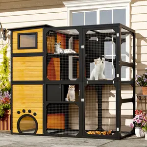 Aobtkel®GO Large Cat Catio 4 Tiers Cat Enclosure for Outdoor, Cat House Weatherproof Attached to Window for Multiple Cats with Platforms and Resting Rooms, Brown