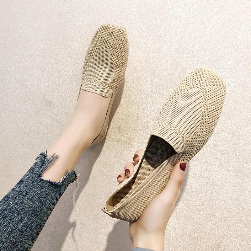 2026 Women's Breathable Knit Slip-On Flats |     Soft Sole Square Toe Boho Print Casual Walking Shoes