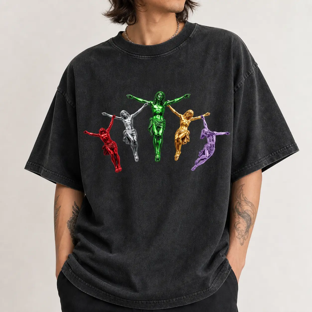 Menswear Round Neck Cotton Glossy Chrome Statue Art Graphic Tops, Unisex Short Sleeve T-Shirt