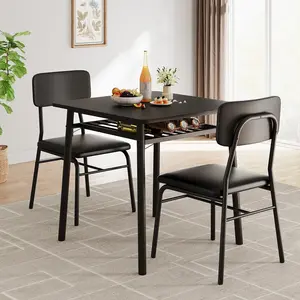 Modern 3-Piece Dining Table Set for 2, Sturdy Metal Frame, Upholstered Chairs, Built-in Storage Rack, Space-Saving Table and Chairs for Small Apartments