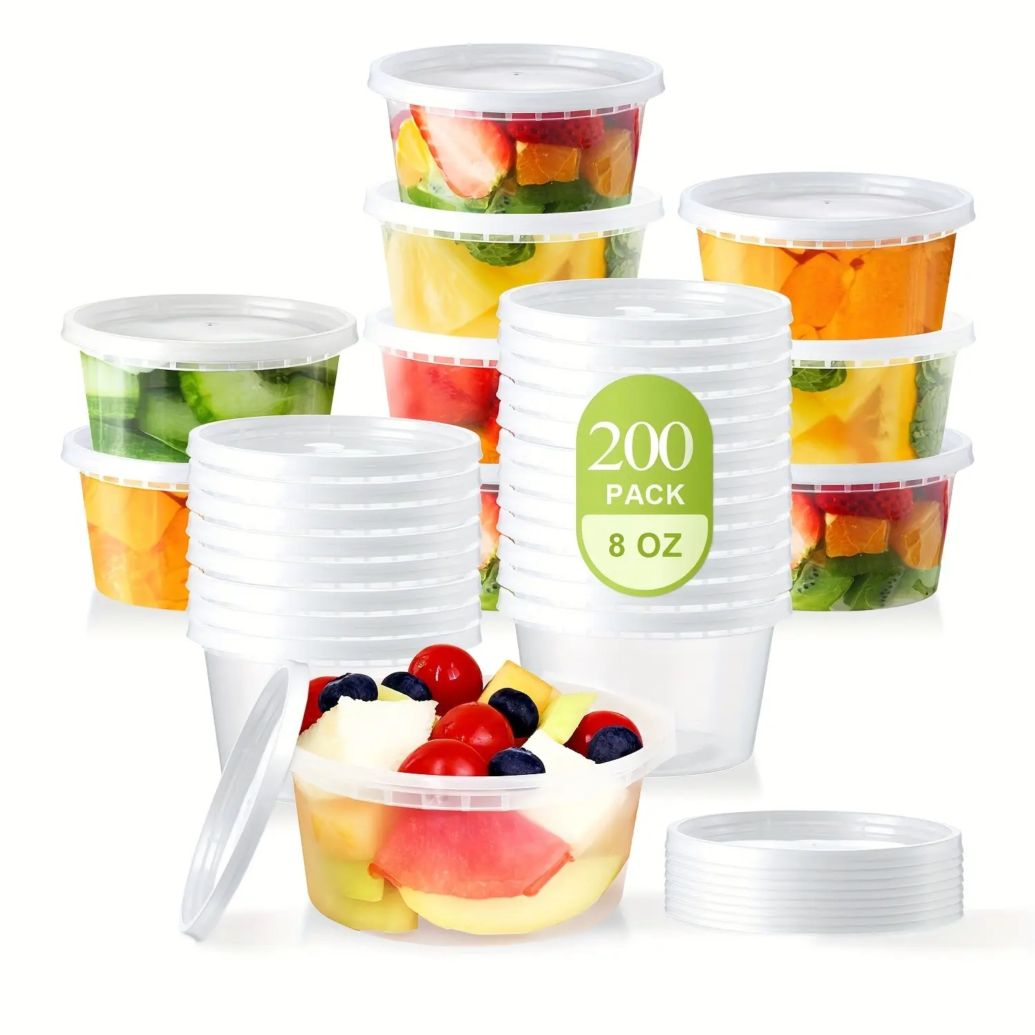 200 Fruit Boxes (100 Boxes + 100 Lids), 8 oz Cooked Food Containers with Lids, Sealed Storage Packaging, Transparent Plastic Containers, Reusable, for Fruits, Desserts, Lunch, Valentine's Day