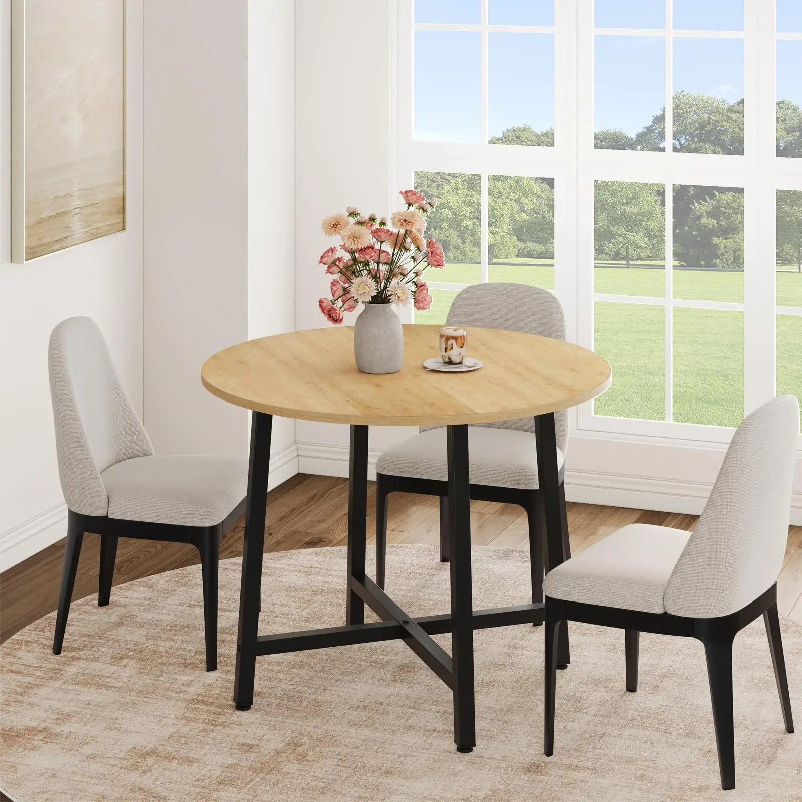 Garvee Small Round Dining Table for 4 People, 31.5 Inch Kitchen Table Ideal for Small Spaces, Modern Farmhouse Style with Water-Resistant Wood Surface and Sturdy Steel Frame, Perfect for Breakfast Nook in Natural Wood Finish