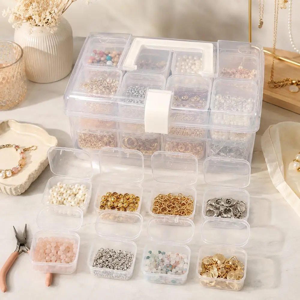 32pcs Clear Plastic Bead Storage Containers,Hinged Lid Small Craft Organizer Boxes In Portable Carry Case For Jewelry Making,Nail Art Supplies,Sewing Buttons,Paper Clips,Push Pins,Office Desk Items,Dorm Desktop Tote,Apartment Vanity Organizer,Lightweight