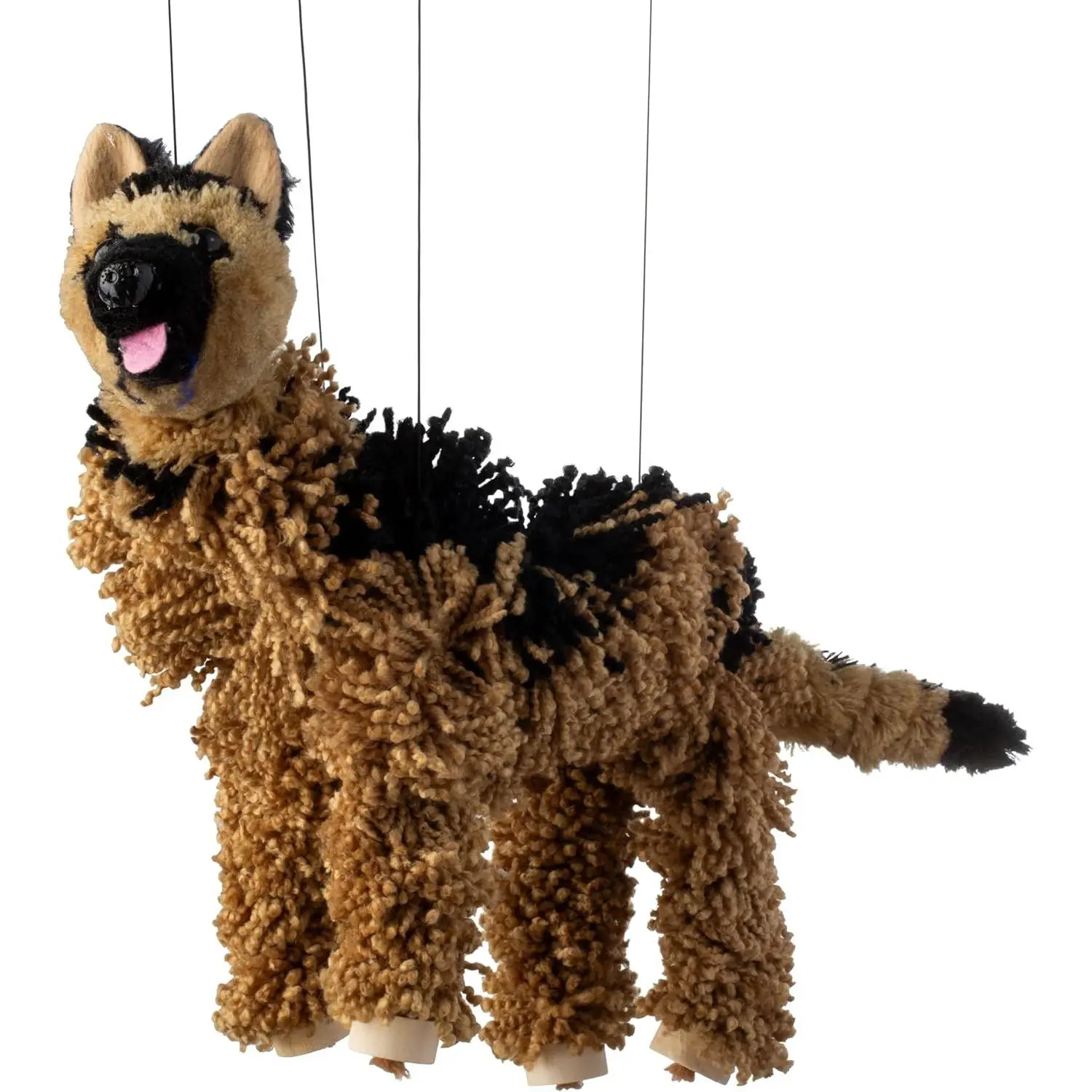 German Shepherd Marionette Puppet - Yarn Dog with Wooden Feet, Detachable Strings