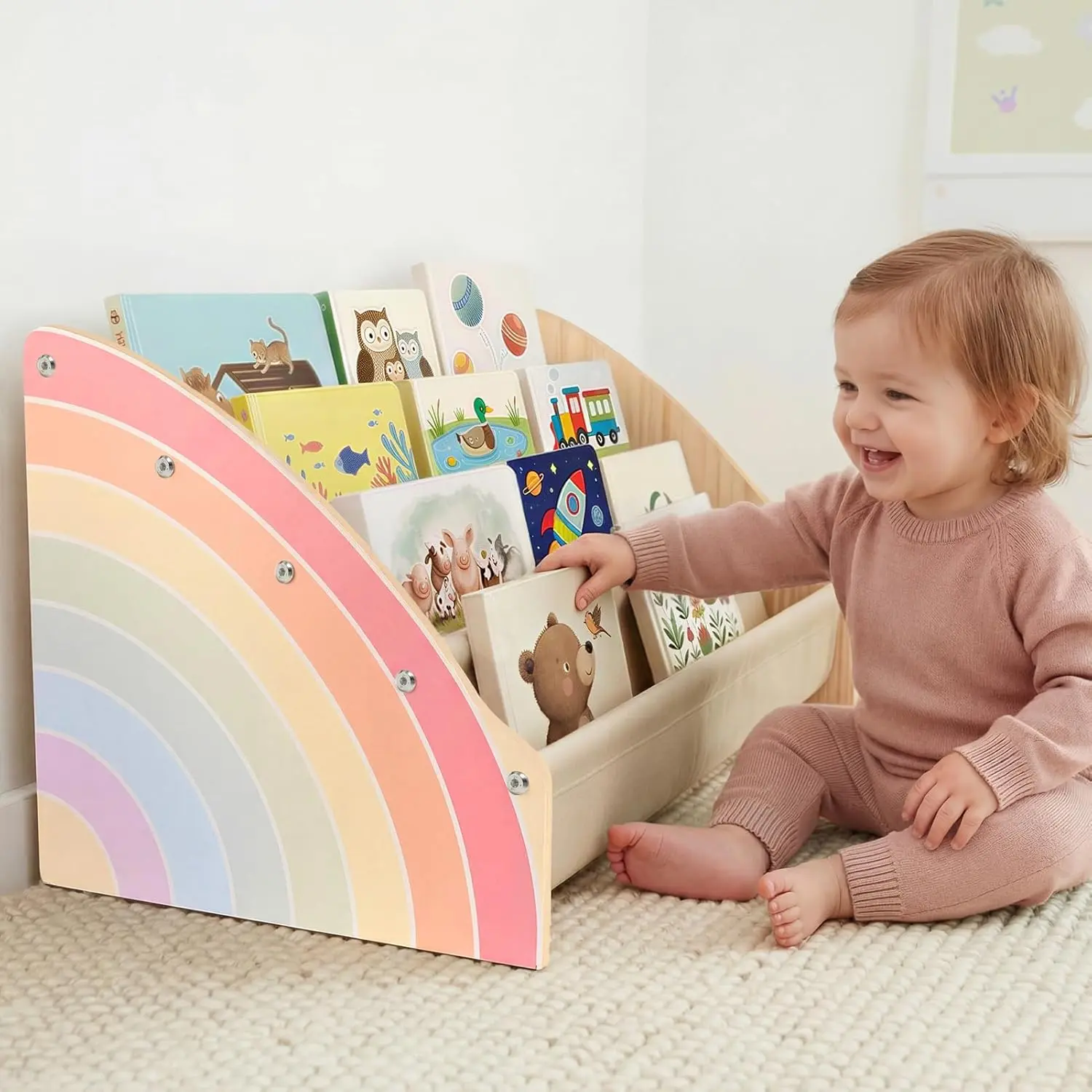 Toddler Bookshelf, 4-Tier Solid Wood Bookshelf for Kids Montessori Bookshelf Large Capapcity Nursery Book Shelves Deep Sling Book Organizer for Playroom Kids Book Storage,Rainbow   mini gifts