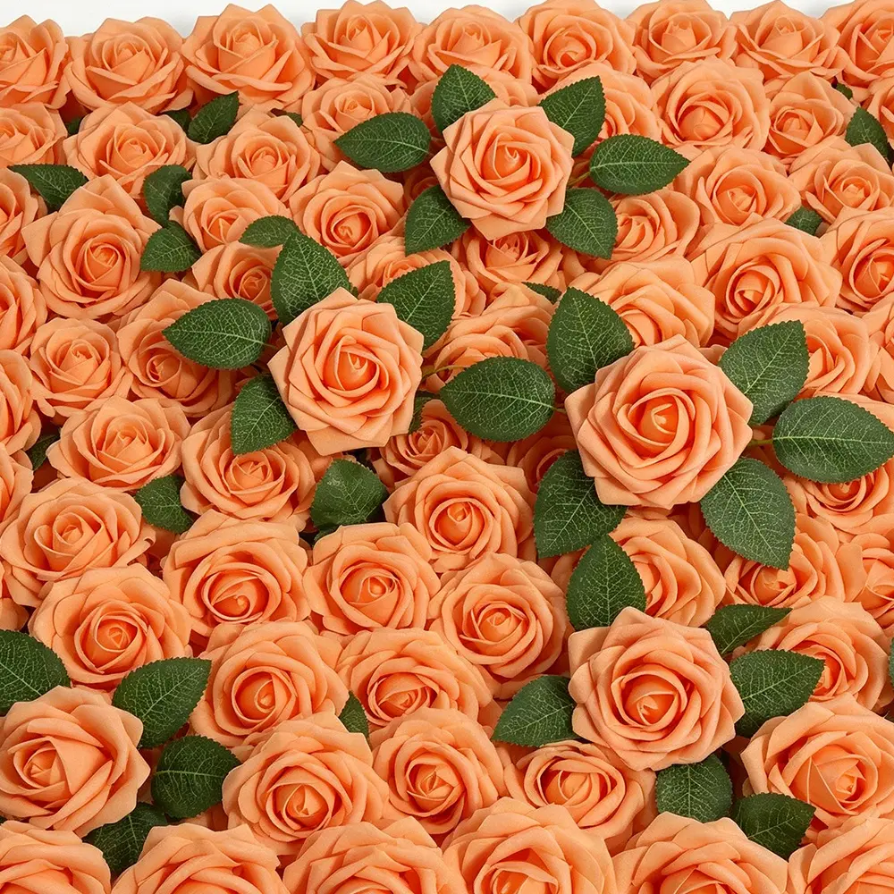 50pcs Orange Rose Decorative Fake Flowers with Flexible Stems, 8 Leaves, Realistic Foam Bouquets, DIY Friendly for Wedding Centerpieces, Bridal Gift, Party Table Home Decor