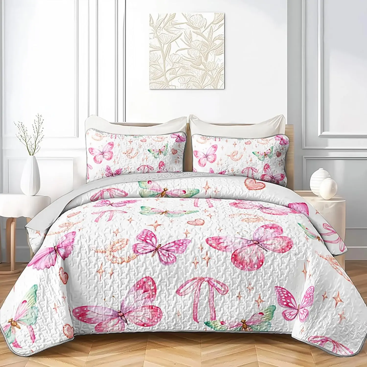 Butterfly Bowknot Quilt Set Full/Queen Size 3 Pieces Pink Bow Tie Printed Bedspread Coverlet Set Soft Microfiber Lightweight Girls Bedding Set with 2 Pillowcases for All Season