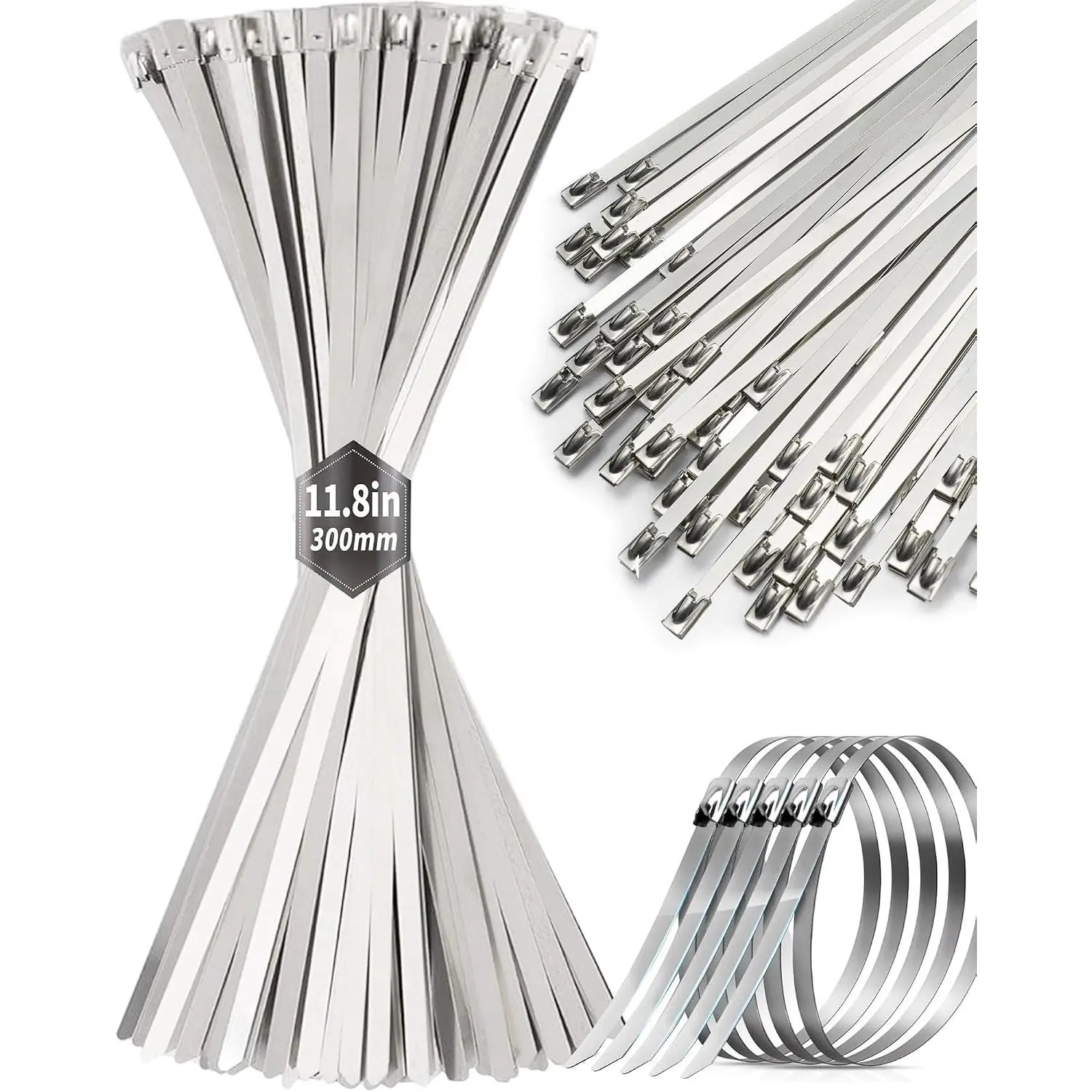 50 count Metal Zip Ties, Heavy Duty Stainless Steel  Ties, 11.8 inch | 304 Stainless Steel, Self-Locking, Holds 198 Ibs, Hear Resistant to 932F, Rust & , Outdoor Use