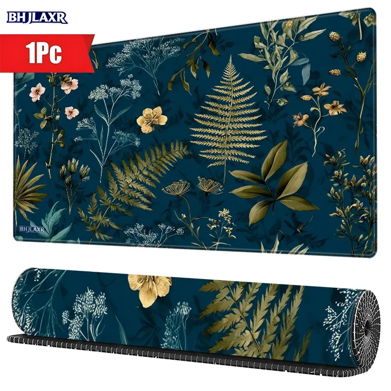 Vintage Botanical Teal Floral Pattern Gaming Mouse Pad with Stitched Edges, Non - Slip Rubber Base, Perfect Gift for Nature & Plant Lovers, for Office/Computer/Desk, 15.7x35.4inch