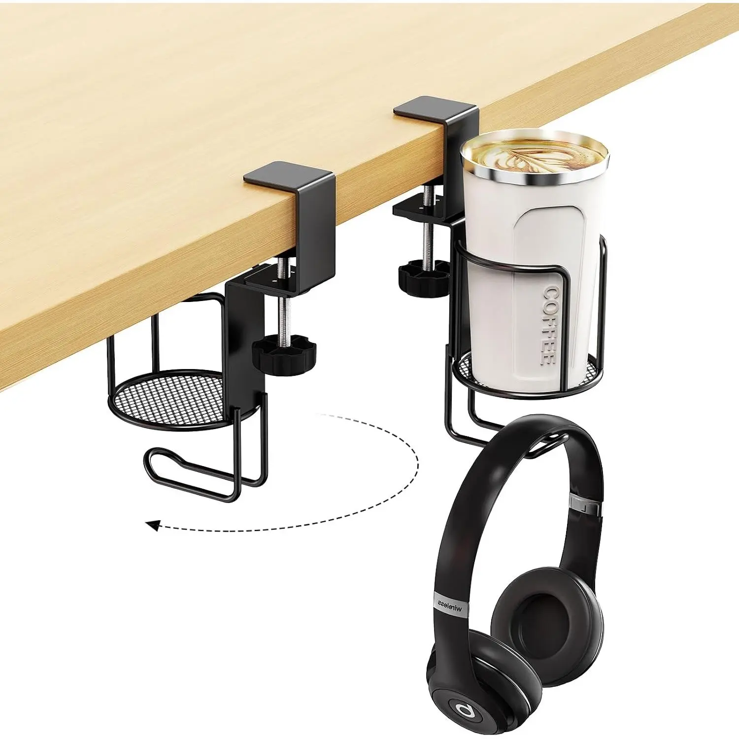 2 in 1 Desk Cup Holder with Headphone Hanger Holder, Anti-Spill Clip- Table Cup Hook with 360° Rotation for Lawn Chair, Office  Gaming Table (1 Pack)