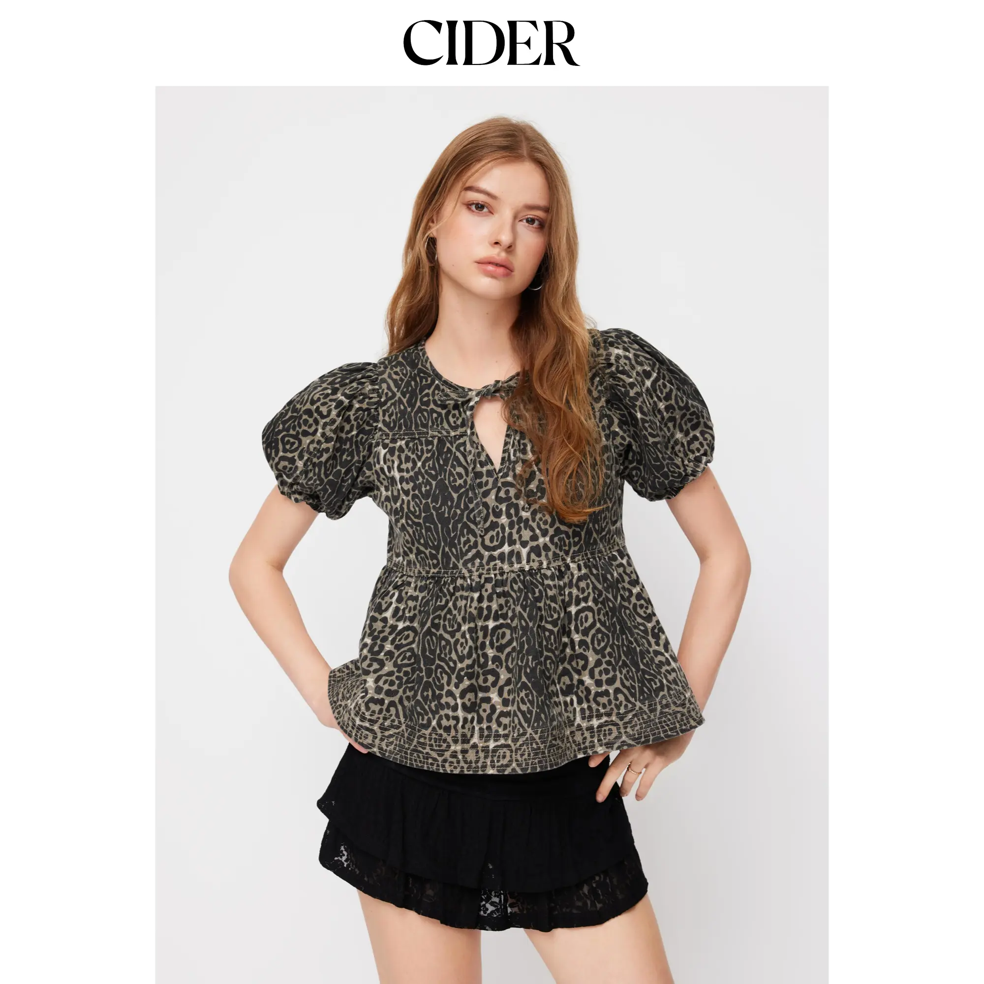 Cider Denim Leopard Print Tie Front Ruffle Puff Sleeve Oversized Blouse