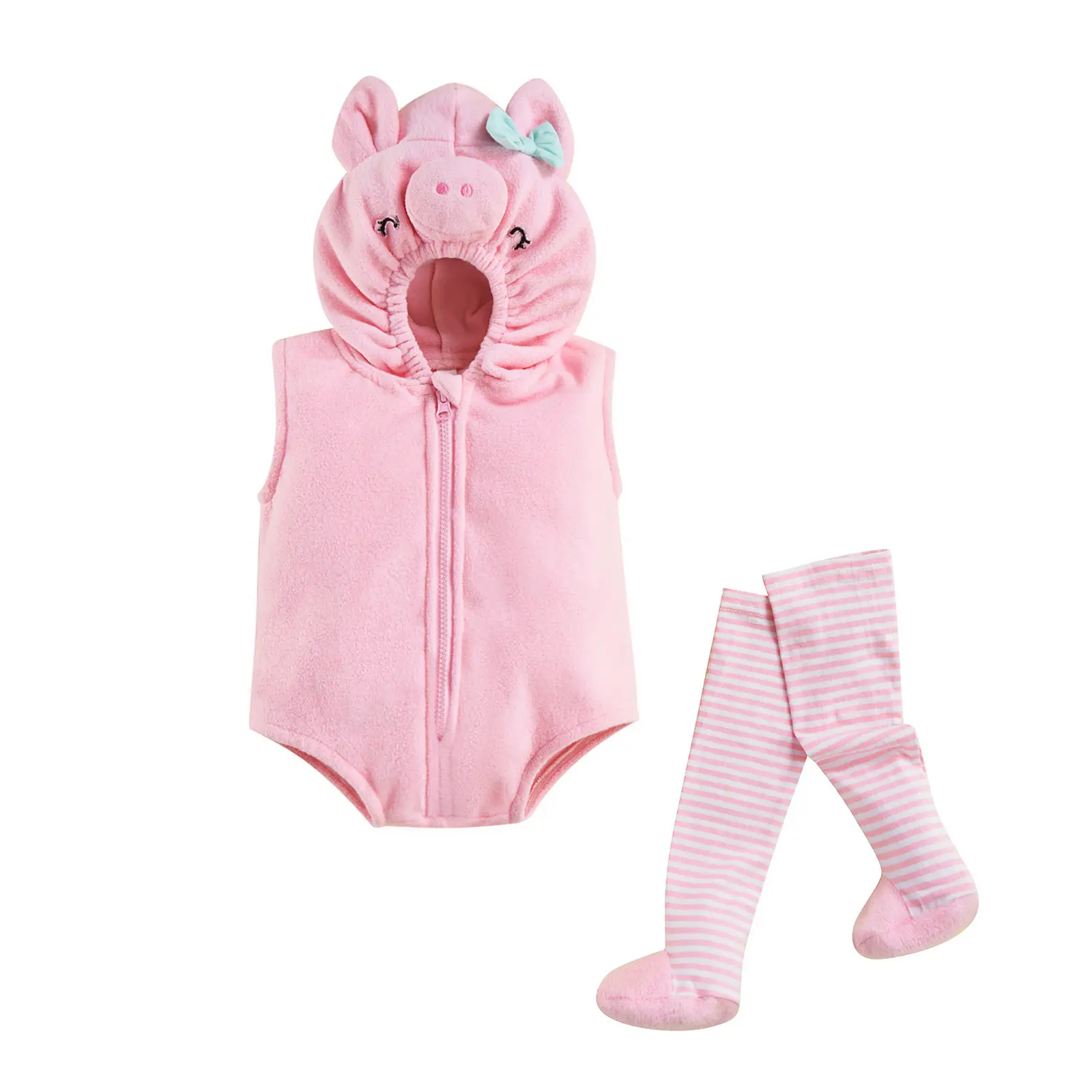 Baby Girl Romper Set Cartoon Pig Sleeveless Hooded Zipper Onesie Striped Stockings 0-18 Months Cute Summer Outfit