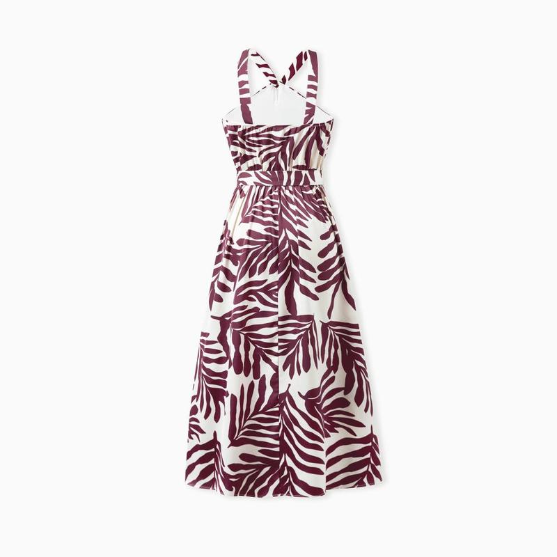 PatPat Family Matching Outfits Red Leaf Print Shirts and Strap Belted Dress for Hawaii/Cruise/Resort/Casual Wear