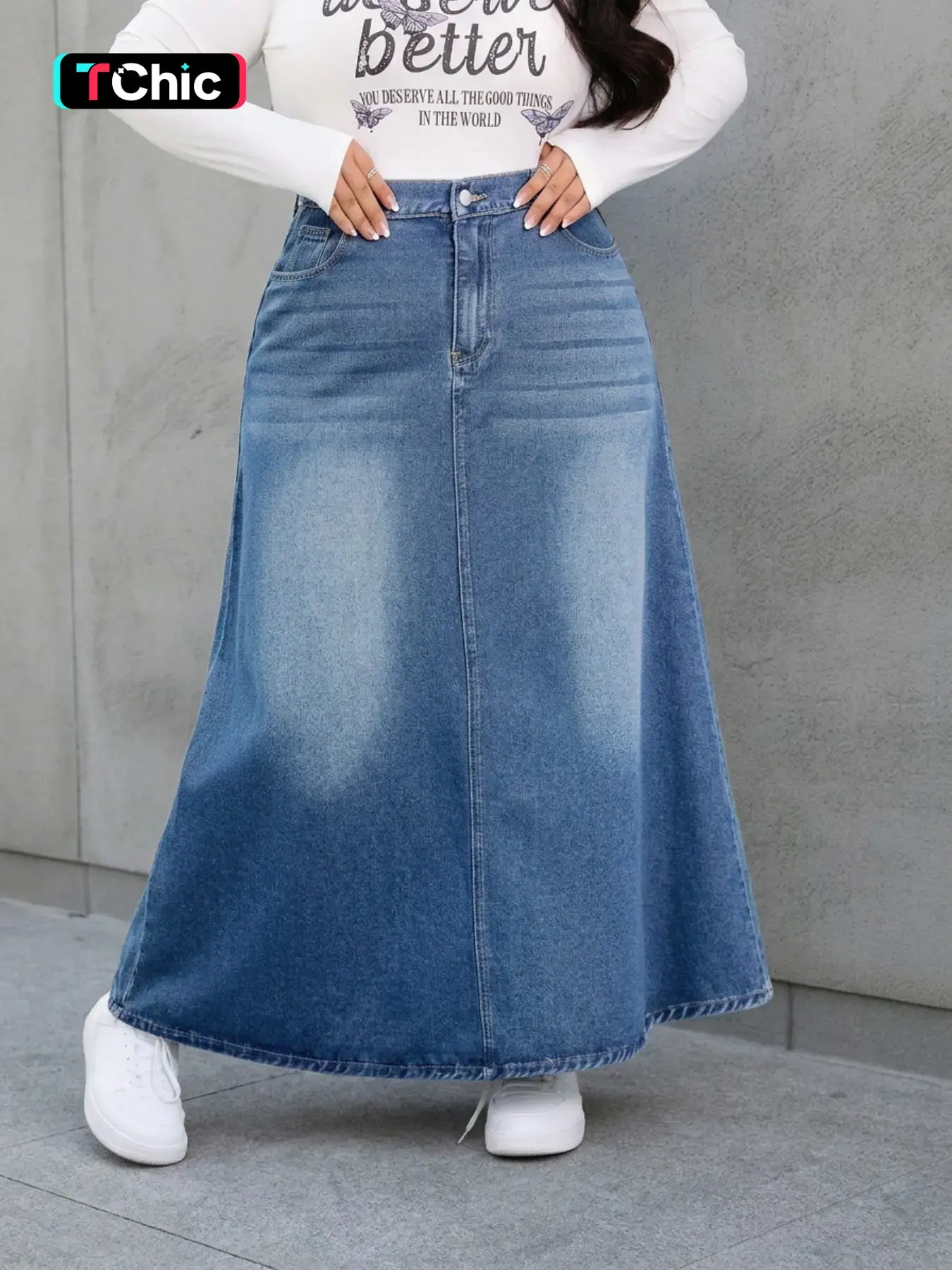 Women's Plus Size Fashion Maxi Denim Skirt Bottom, Washed Effect, Loose Fit, Casual Skirt, Street Style, Daily Wear, Four Seasons Denim Skirt for Women, Streetwear, Womenswear