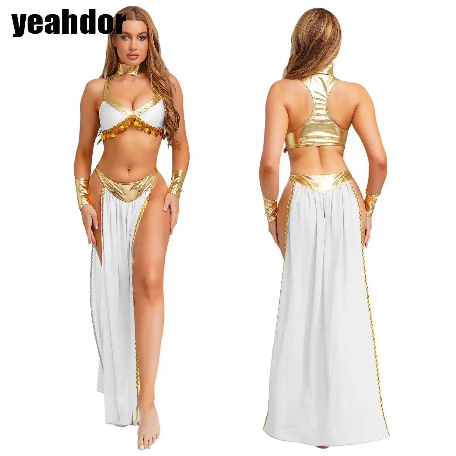 Women Ancient Egyptian Queen Cosplay Outfits with Collar Crop Top with Chiffon Skirt Metallic Shiny Indian Belly Dance