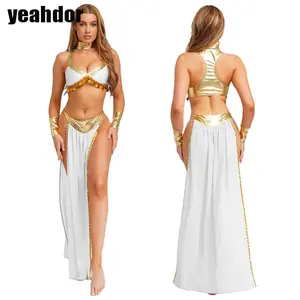 Women Ancient Egyptian Queen Cosplay Outfits with Collar Crop Top with Chiffon Skirt Metallic Shiny Indian Belly Dance