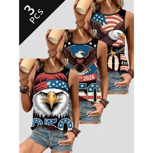 Women 3PCS American Eagle Flag Print Tank Tops, Red White Blue Independence Day 4th of July Sleeveless Casual Tee Shirts