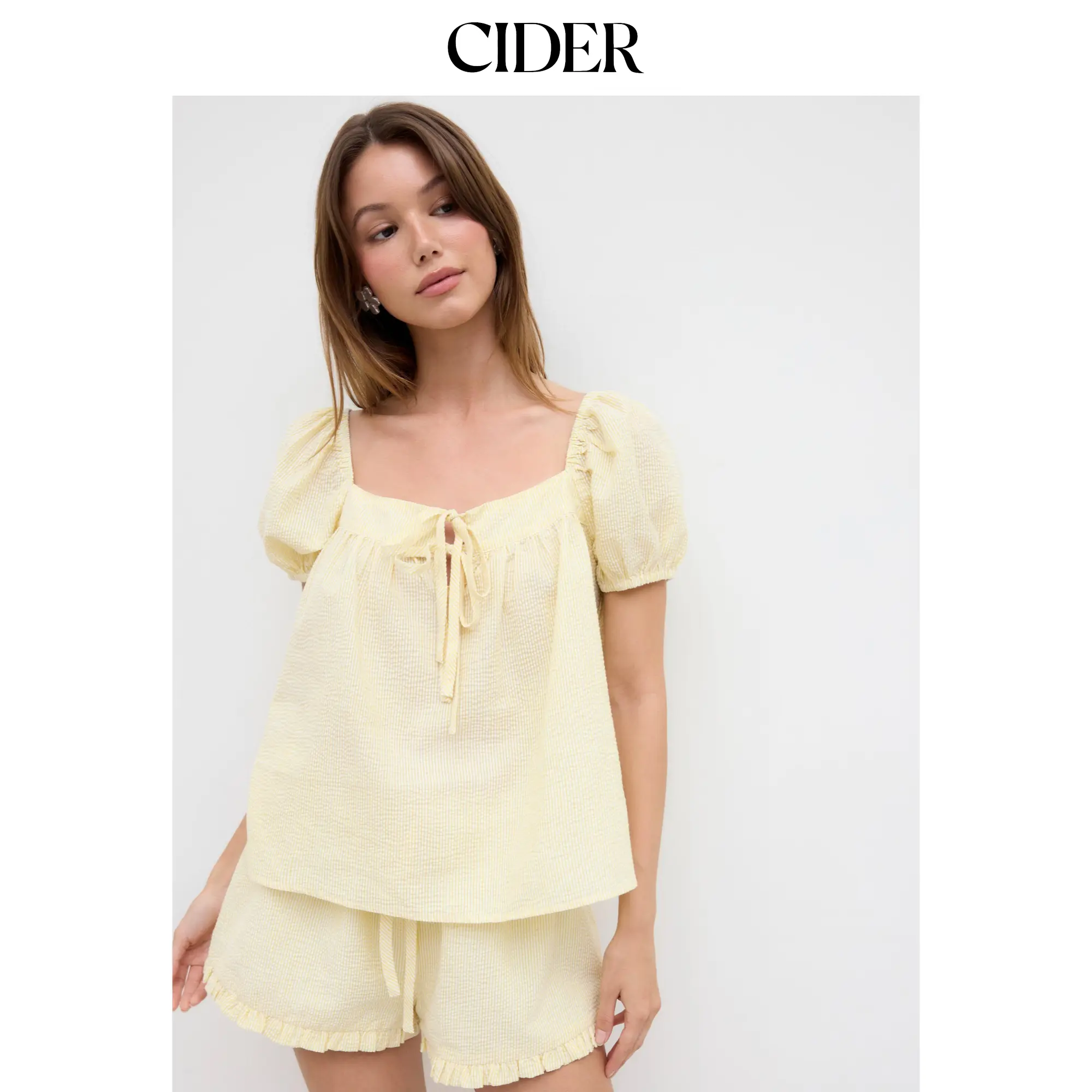 Cider Cotton-blend Stripe Tie Front Oversized Top &  High Rise Lettuce Trim Shorts Set SohoChic