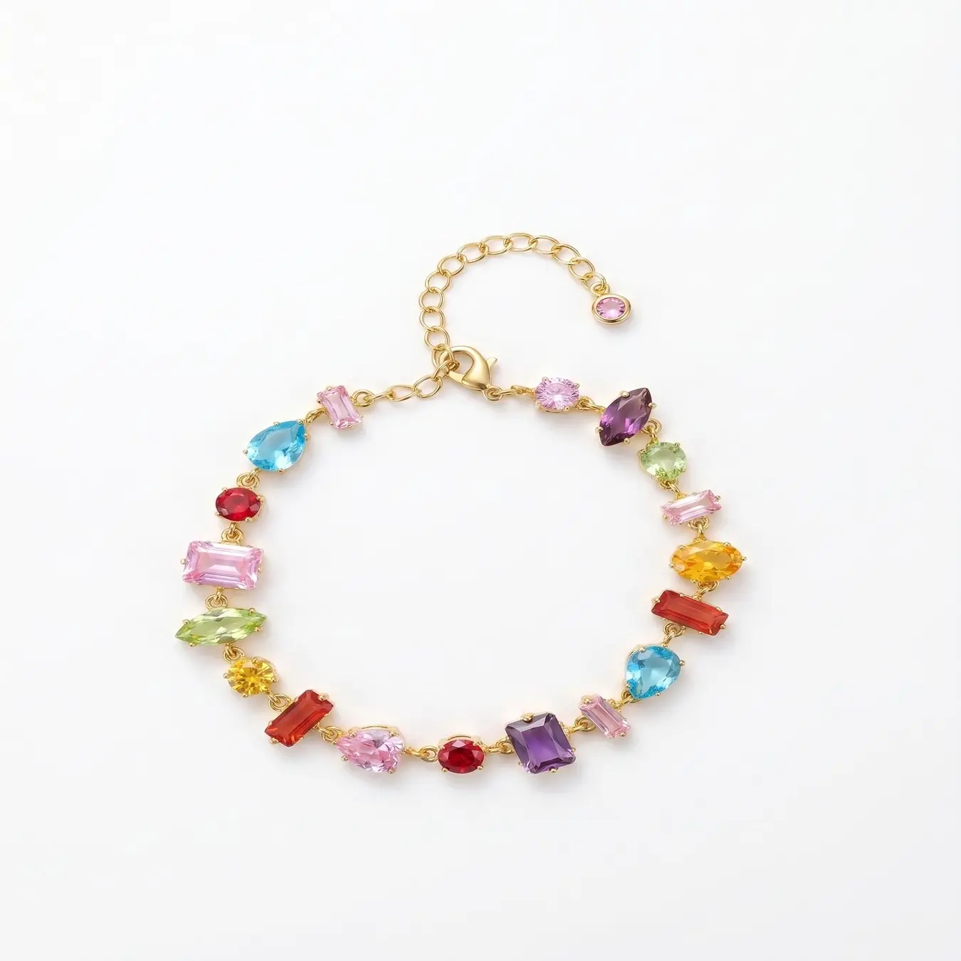 Rainbow Multi-Cut Gemstone Tennis Bracelet, Whimsical Luxe Style, Gold/Silver Plated Adjustable Chain, Tarnish-Resistant Statement Jewelry for Summer & Bridal Events