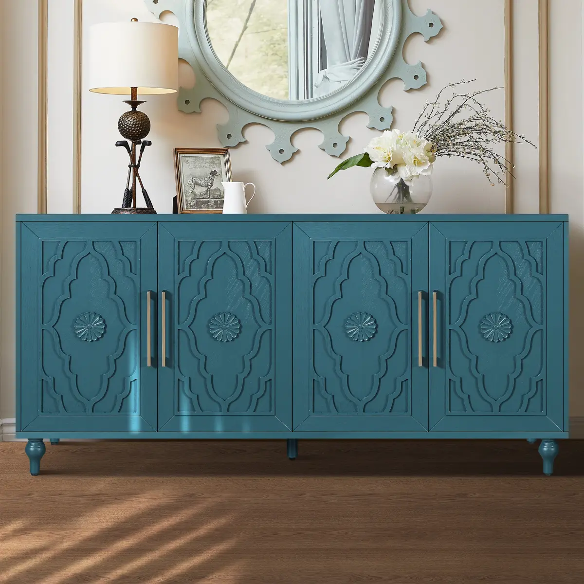 63'' Large Storage Cabinet Wooden Mordern Sideboard Console with Metal Handle, Carved Flower Doors and Adjustable Shelves for Living Room, Kitchen, Entryway(Navy Blue)