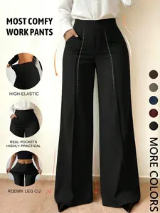 Wide Leg Office Pants, Front Split with Pockets, Loose Fit Slimming Suit Pants, Casual Daily Wear, Comfortable and Stylish