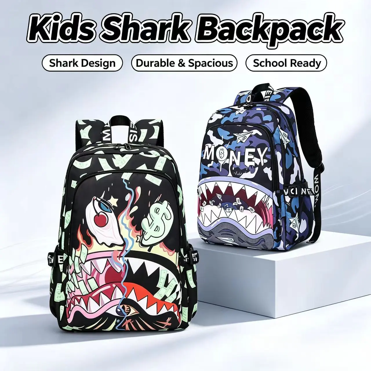 New Colorful Shark Print Camouflage  Lightweight Student Bag Large Capacity Trendy Cartoon Fashion Casual Shoulder Bag Premium School backpacks girls